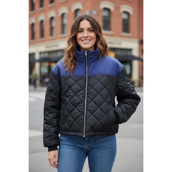 WeWoreWhat Puffer Oversized Quilted Jacket Women L Blue Black Cropped Quuilted - Picture 1 of 12